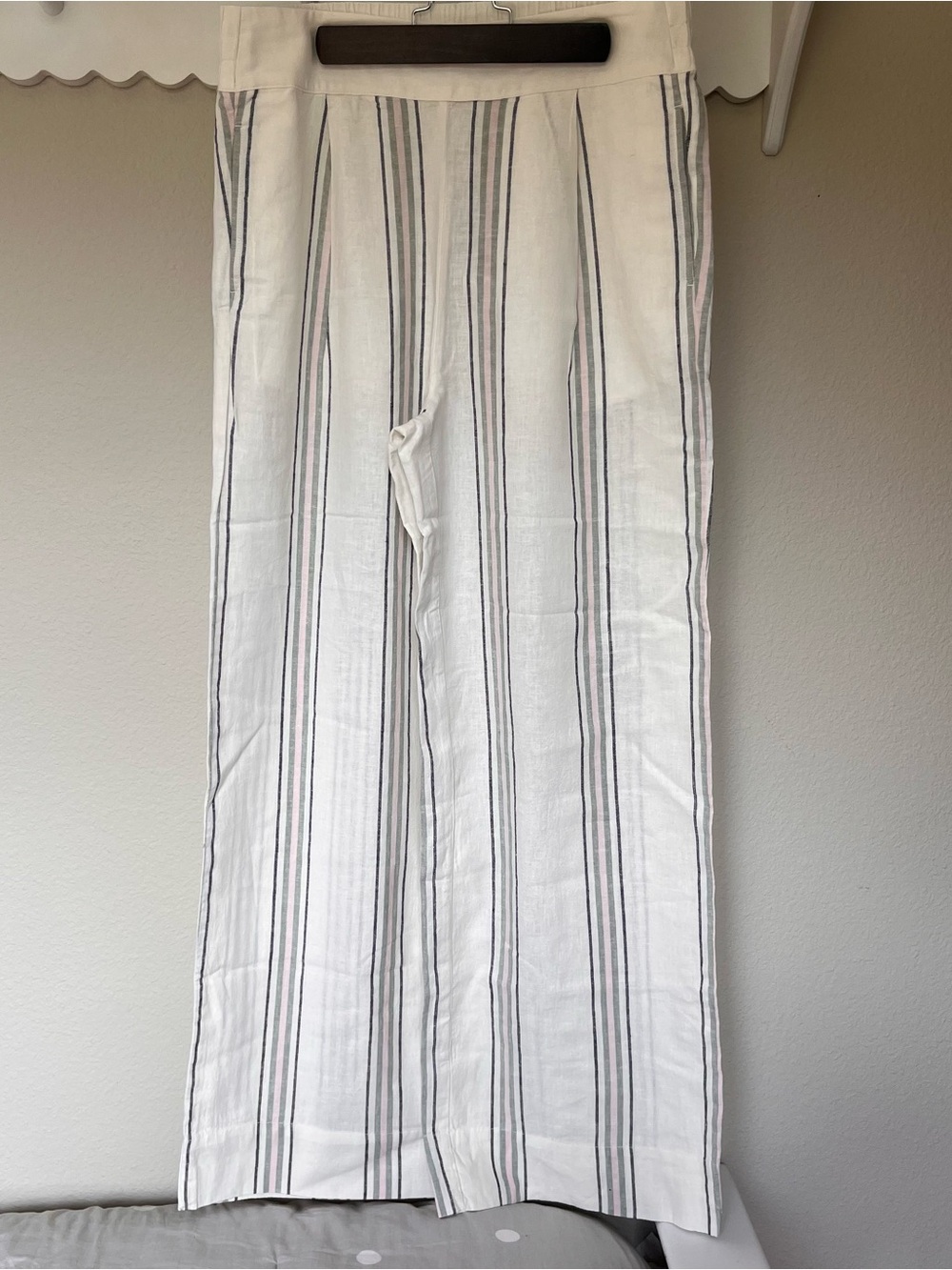 Ivory Linen-Blend Wide Leg Pants with Vertical Stripes